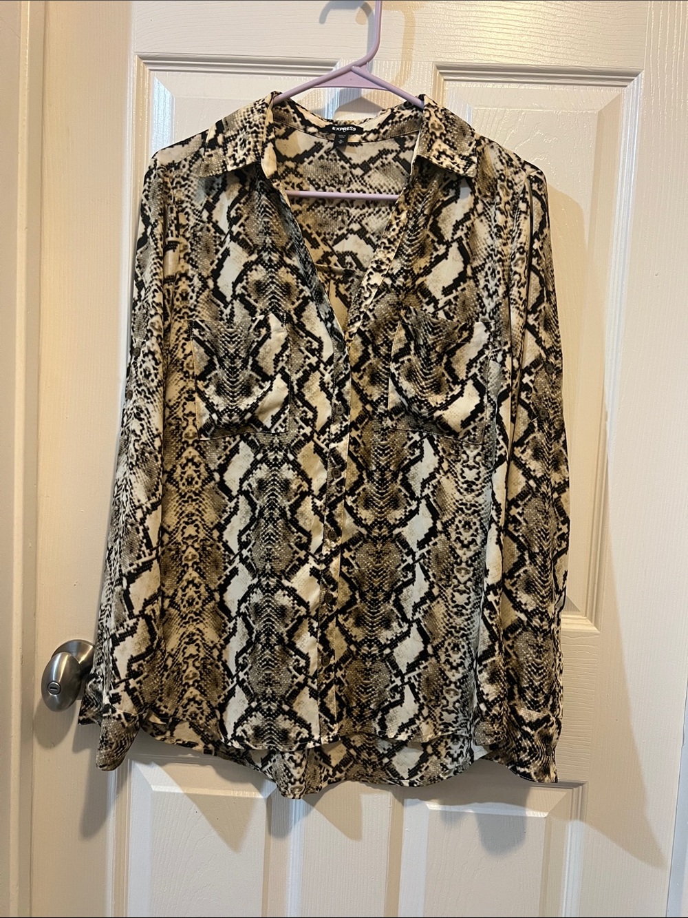 Express Python-Print Button-Front Blouse in Cream and Black